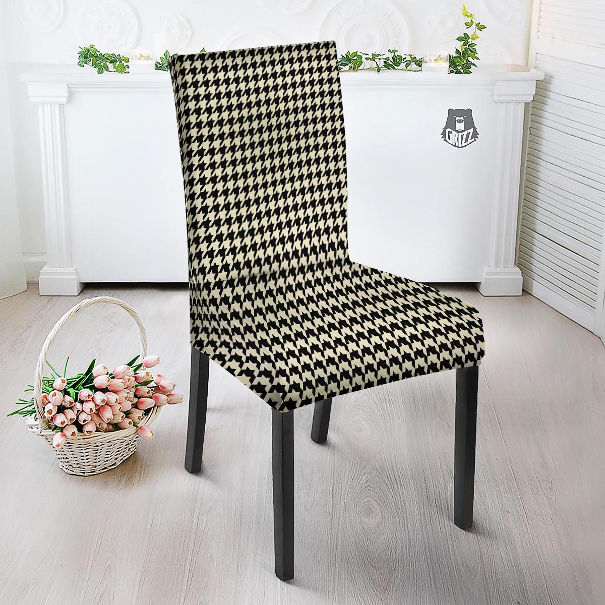 Houndstooth Black And Tan Print Pattern Dining Chair Slipcover-grizzshop