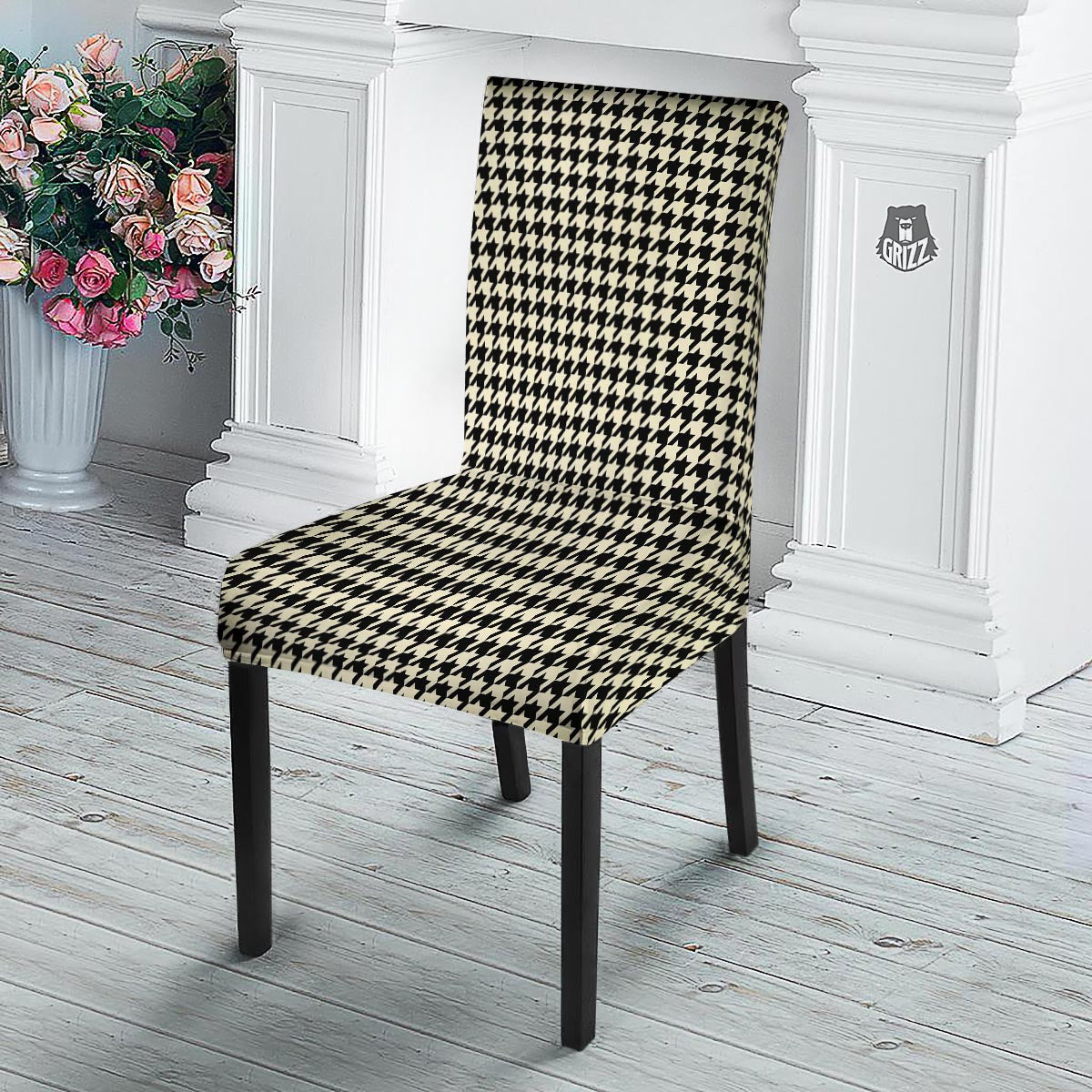 Houndstooth Black And Tan Print Pattern Dining Chair Slipcover-grizzshop