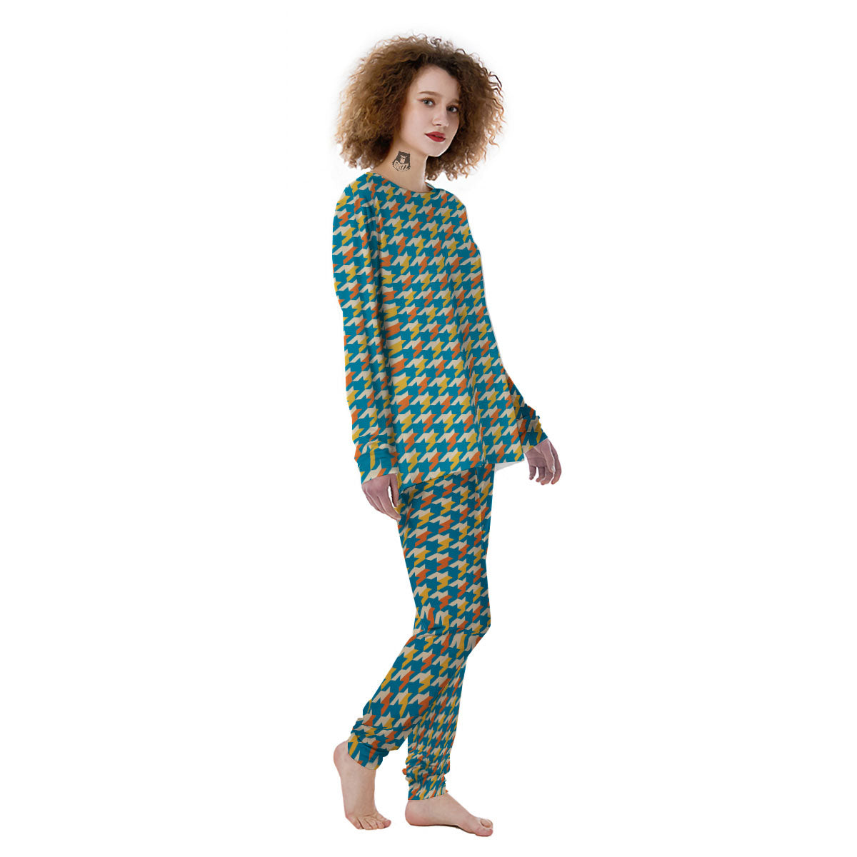 Houndstooth Blue And Orange Print Women's Pajamas-grizzshop