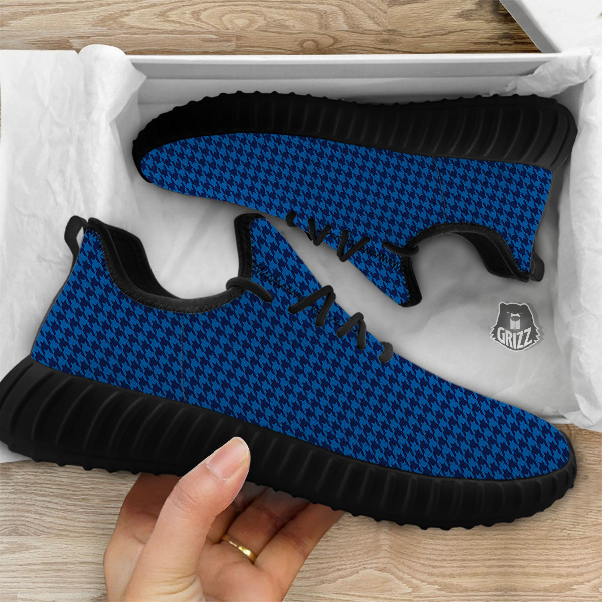 Houndstooth Blue Print Pattern Black Walking Shoes-grizzshop