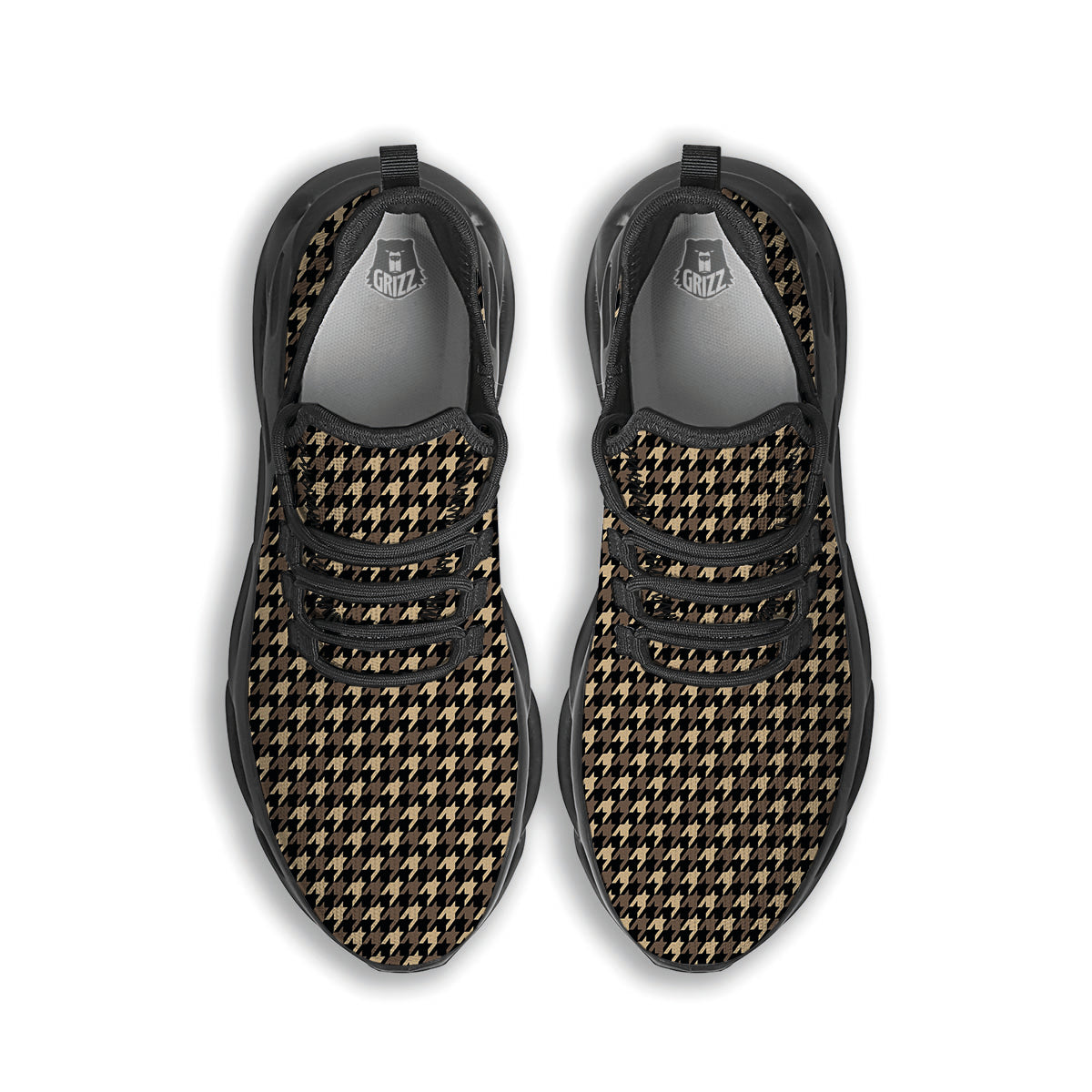 Houndstooth Brown Print Pattern Black Running Shoes-grizzshop