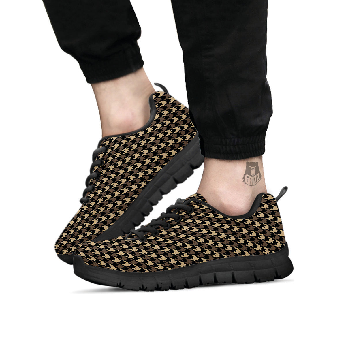 Houndstooth Brown Print Pattern Black Sneaker-grizzshop
