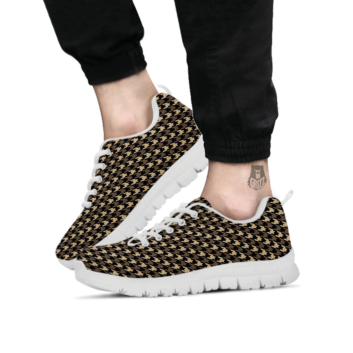 Houndstooth Brown Print Pattern White Sneaker-grizzshop