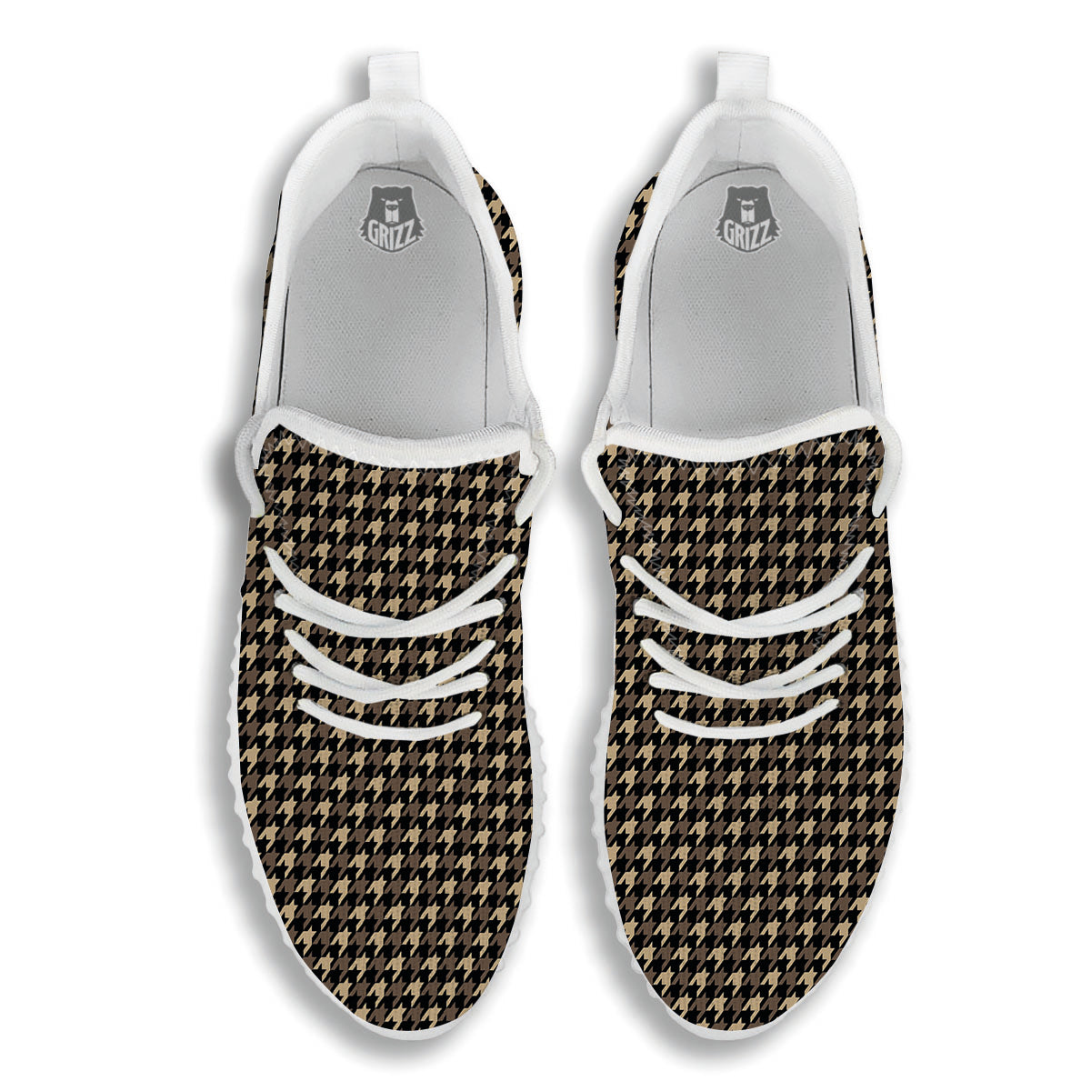 Houndstooth Brown Print Pattern White Walking Shoes-grizzshop