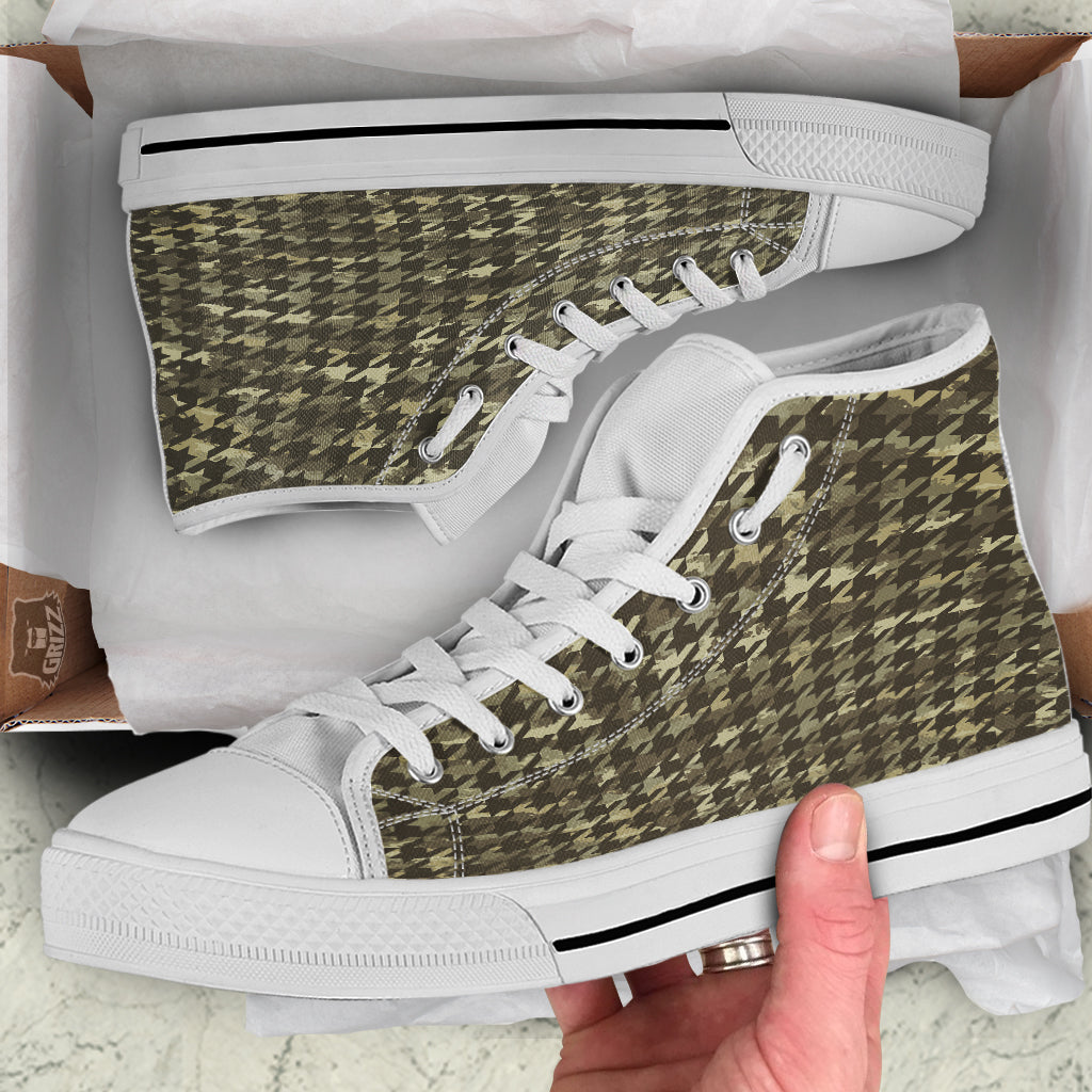 Houndstooth Camouflage Green Print Pattern White High Top Shoes-grizzshop