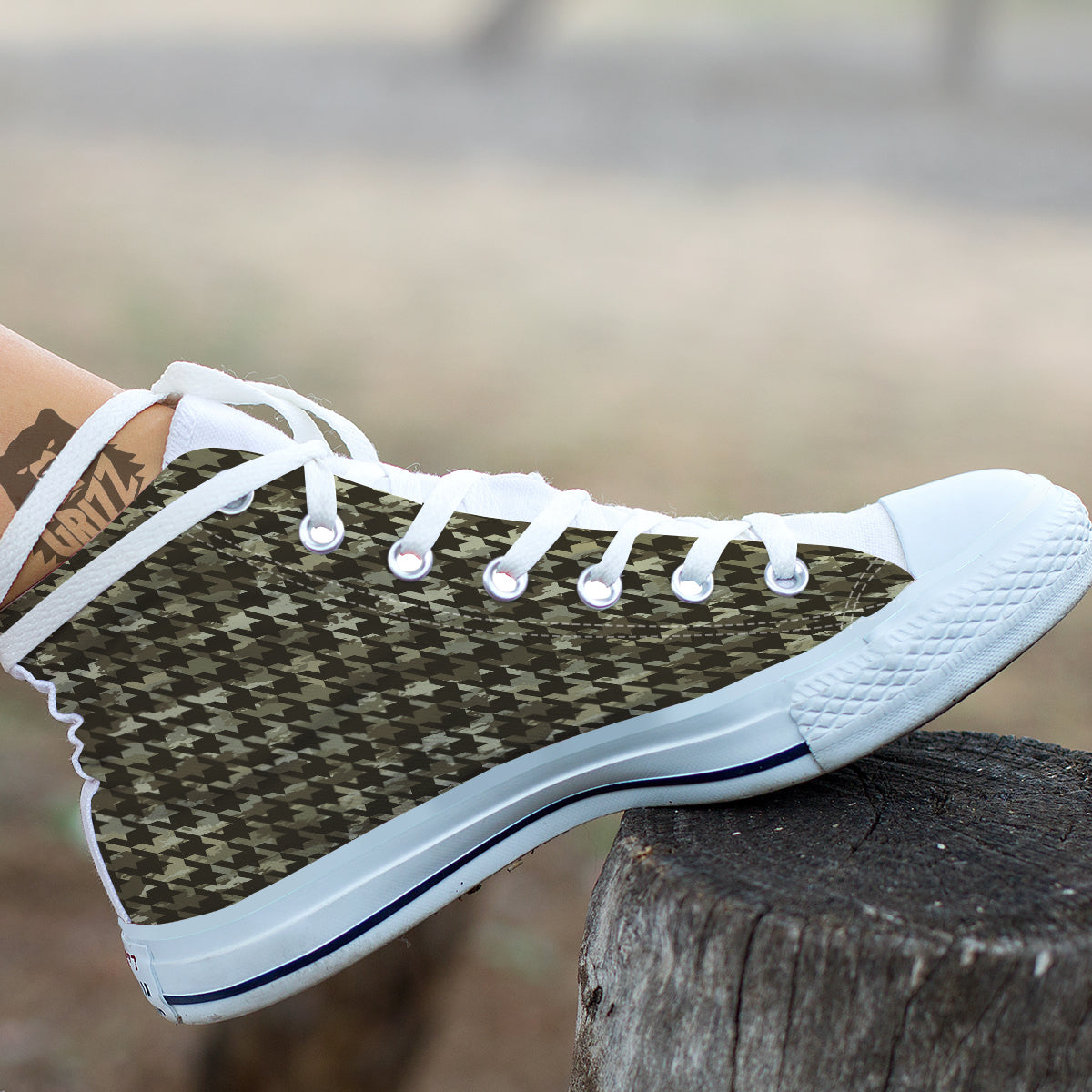 Houndstooth Camouflage Green Print Pattern White High Top Shoes-grizzshop