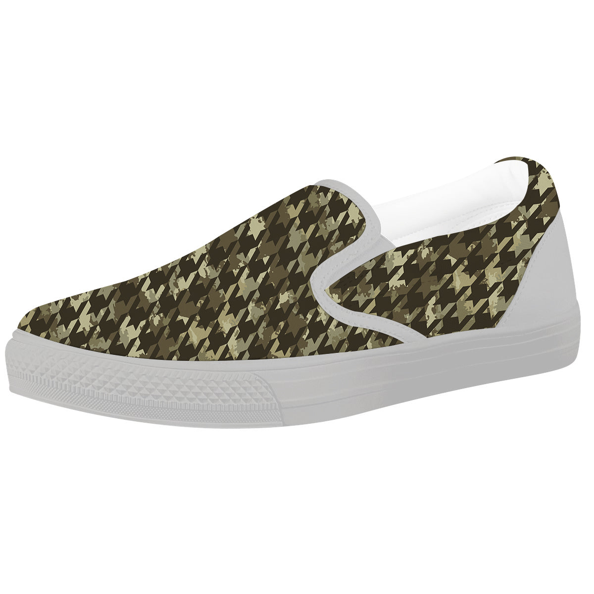 Houndstooth Camouflage Green Print Pattern White Slip On Shoes-grizzshop