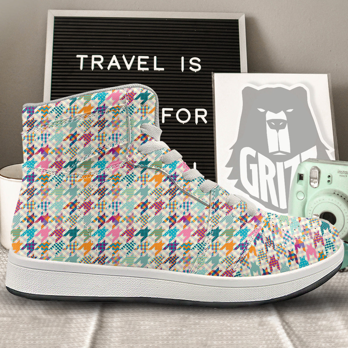 Houndstooth Colorful Plaid Print Pattern High Top Sneakers-grizzshop