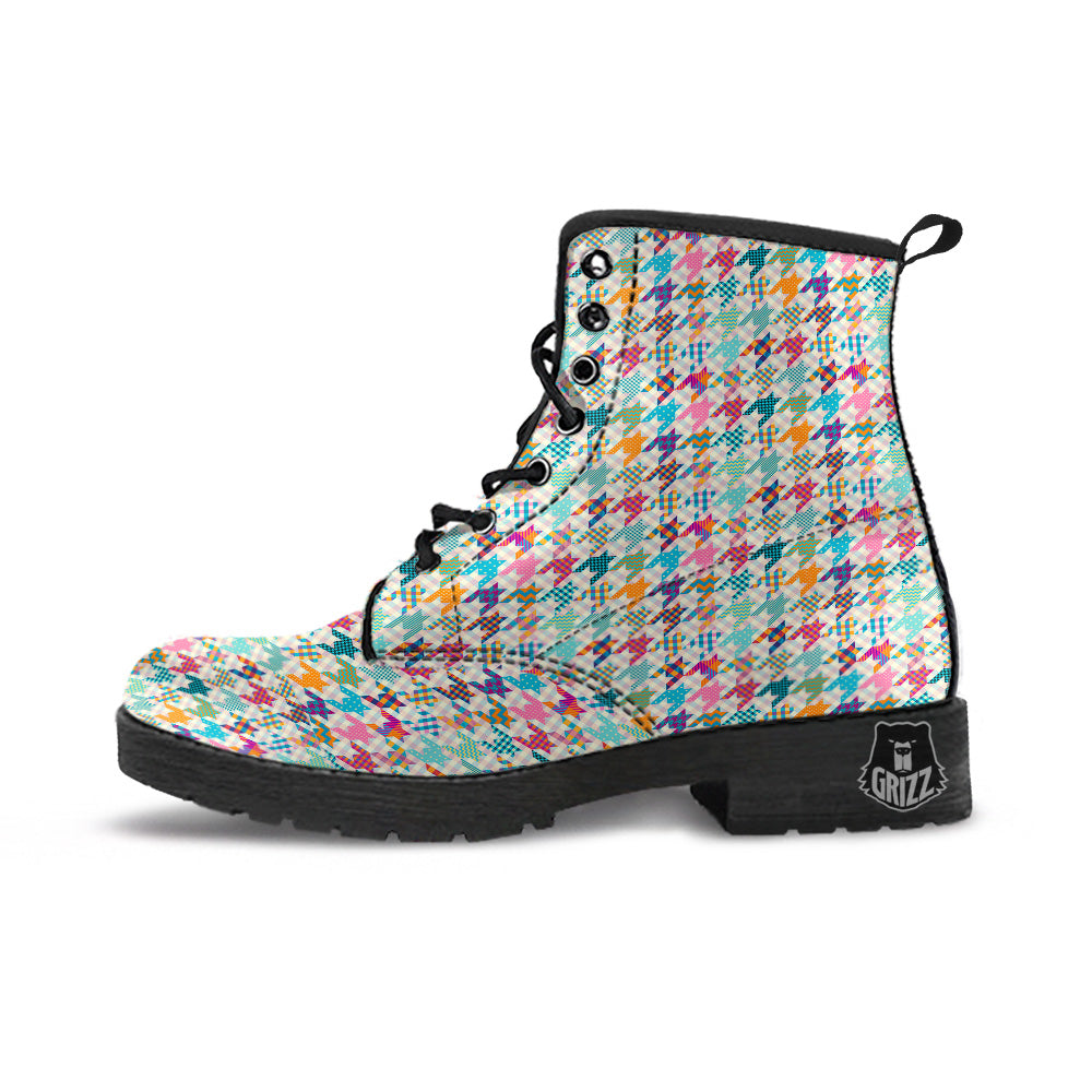 Houndstooth Colorful Plaid Print Pattern Leather Boots-grizzshop