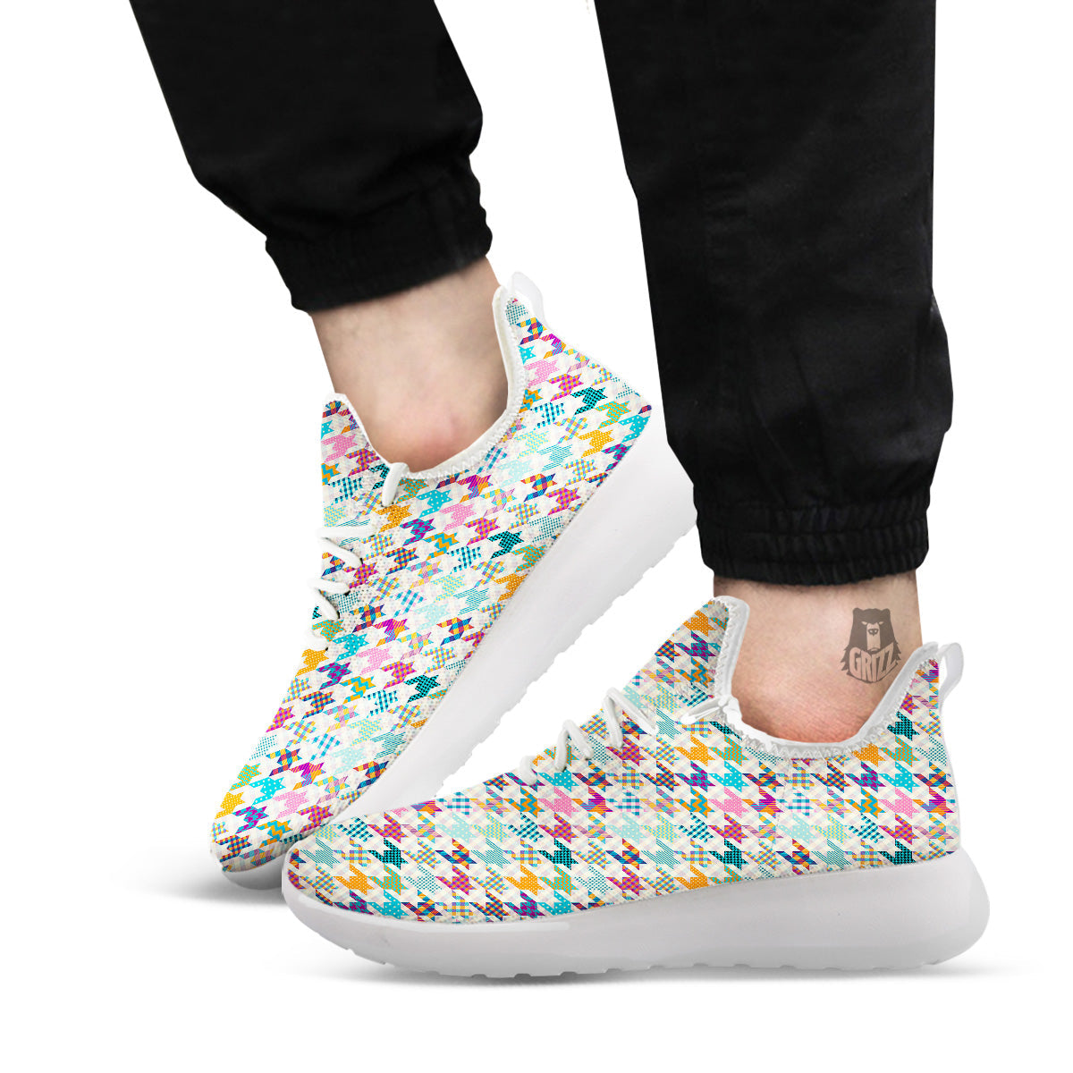 Houndstooth Colorful Plaid Print Pattern White Athletic Shoes-grizzshop