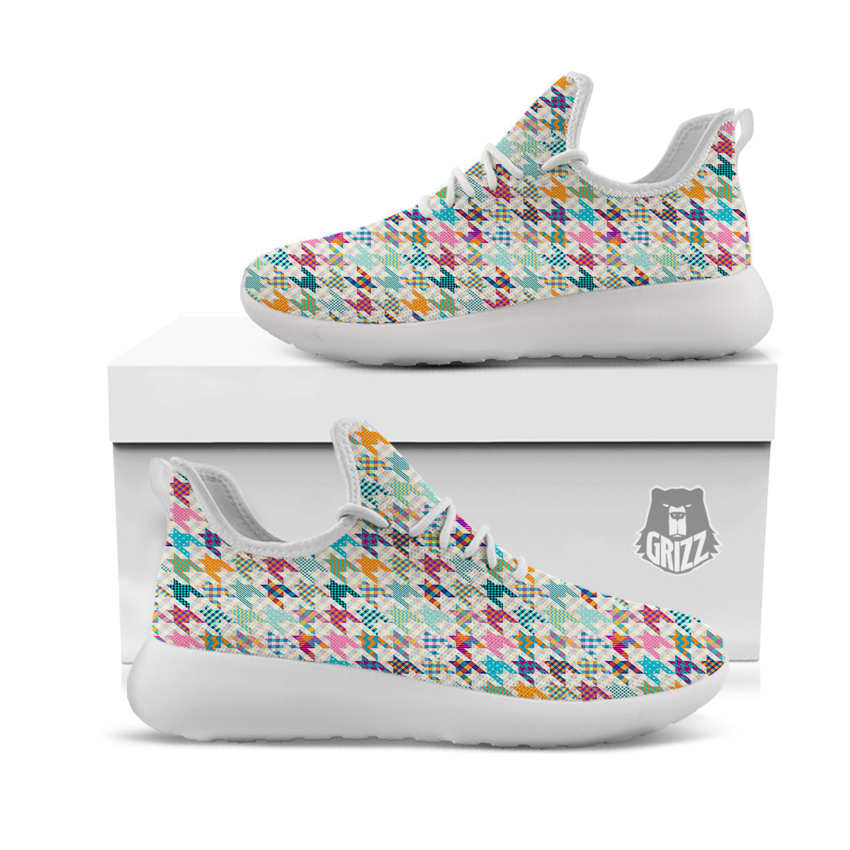 Houndstooth Colorful Plaid Print Pattern White Athletic Shoes-grizzshop