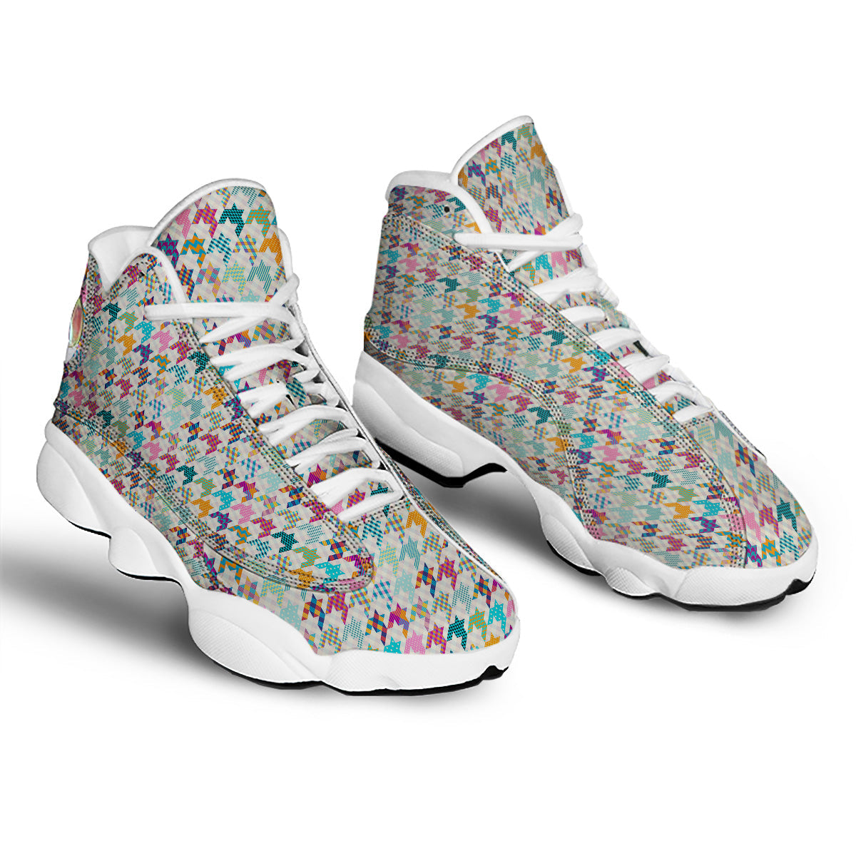 Houndstooth Colorful Plaid Print Pattern White Basketball Shoes-grizzshop