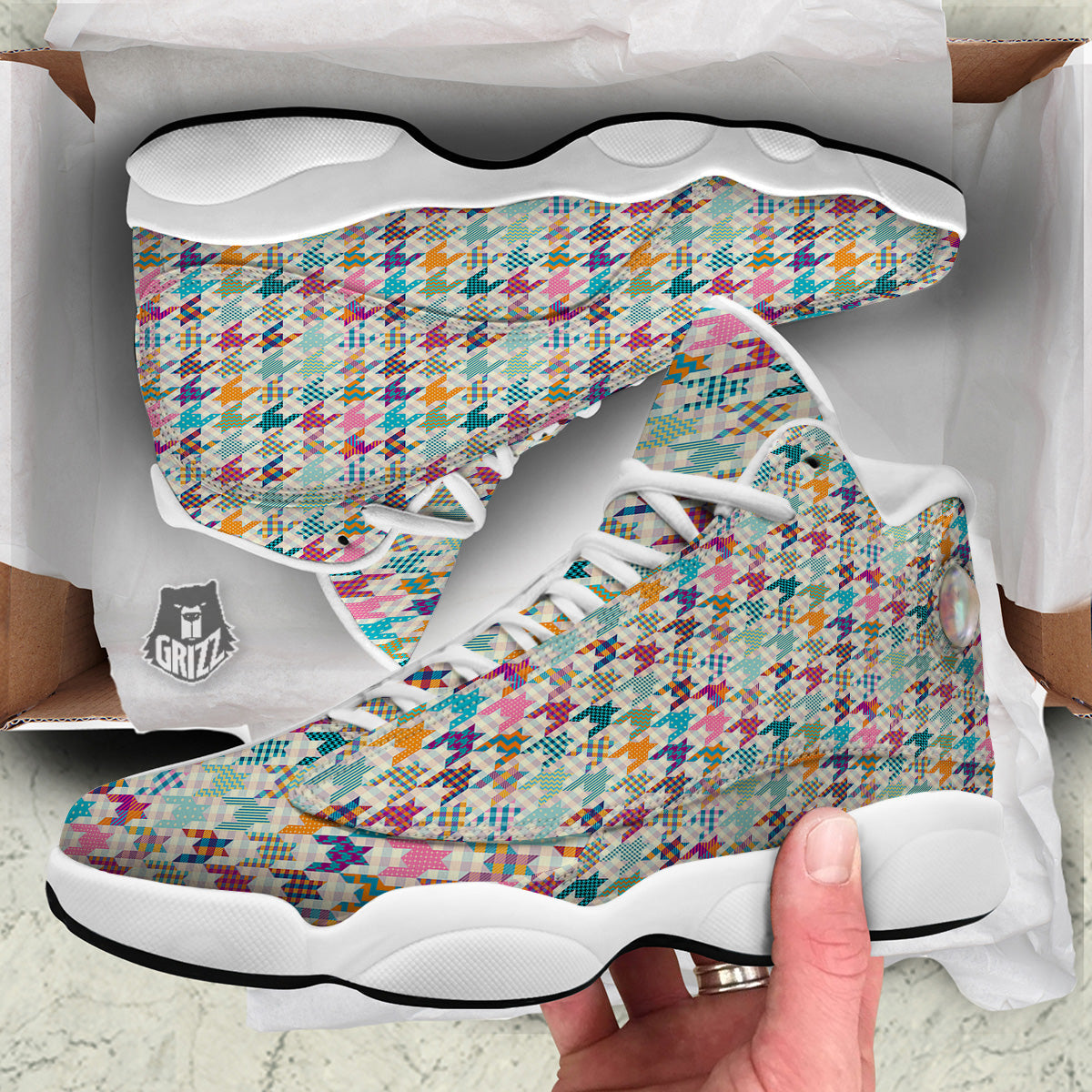 Houndstooth Colorful Plaid Print Pattern White Basketball Shoes-grizzshop