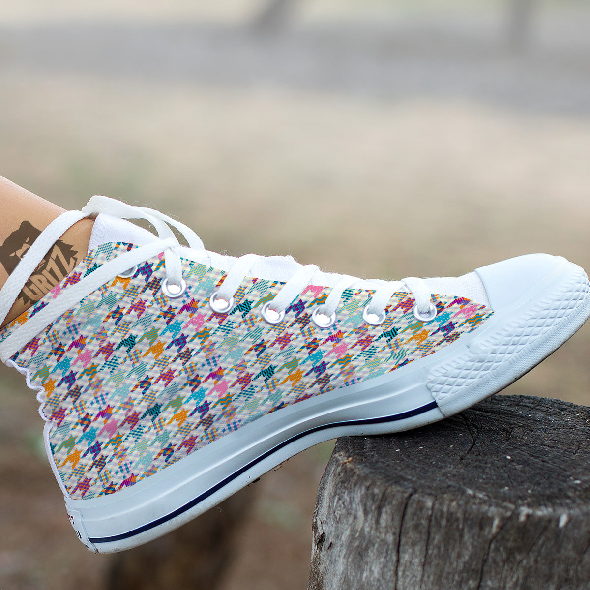Houndstooth Colorful Plaid Print Pattern White High Top Shoes-grizzshop