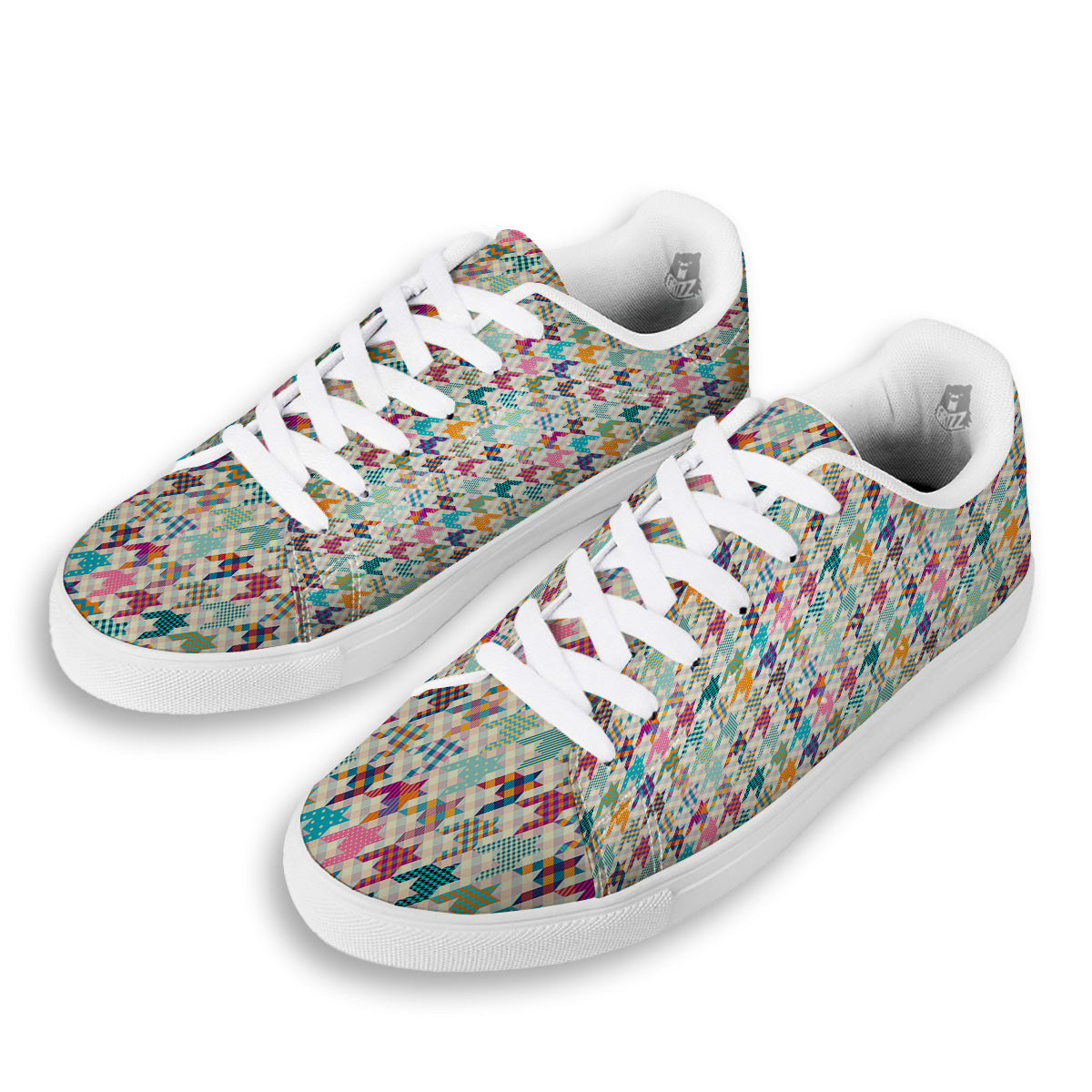 Houndstooth Colorful Plaid Print Pattern White Low Top Sneakers-grizzshop
