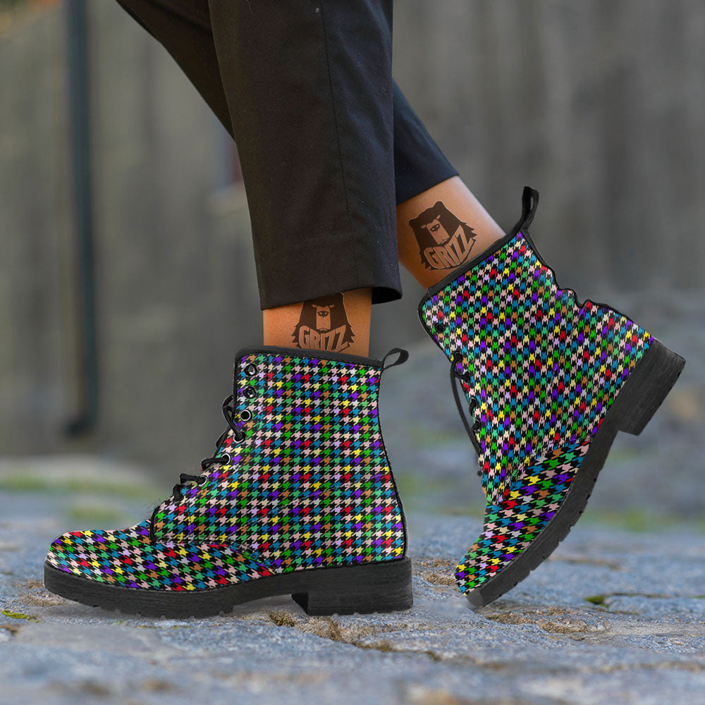 Houndstooth Colorful Print Pattern Leather Boots-grizzshop