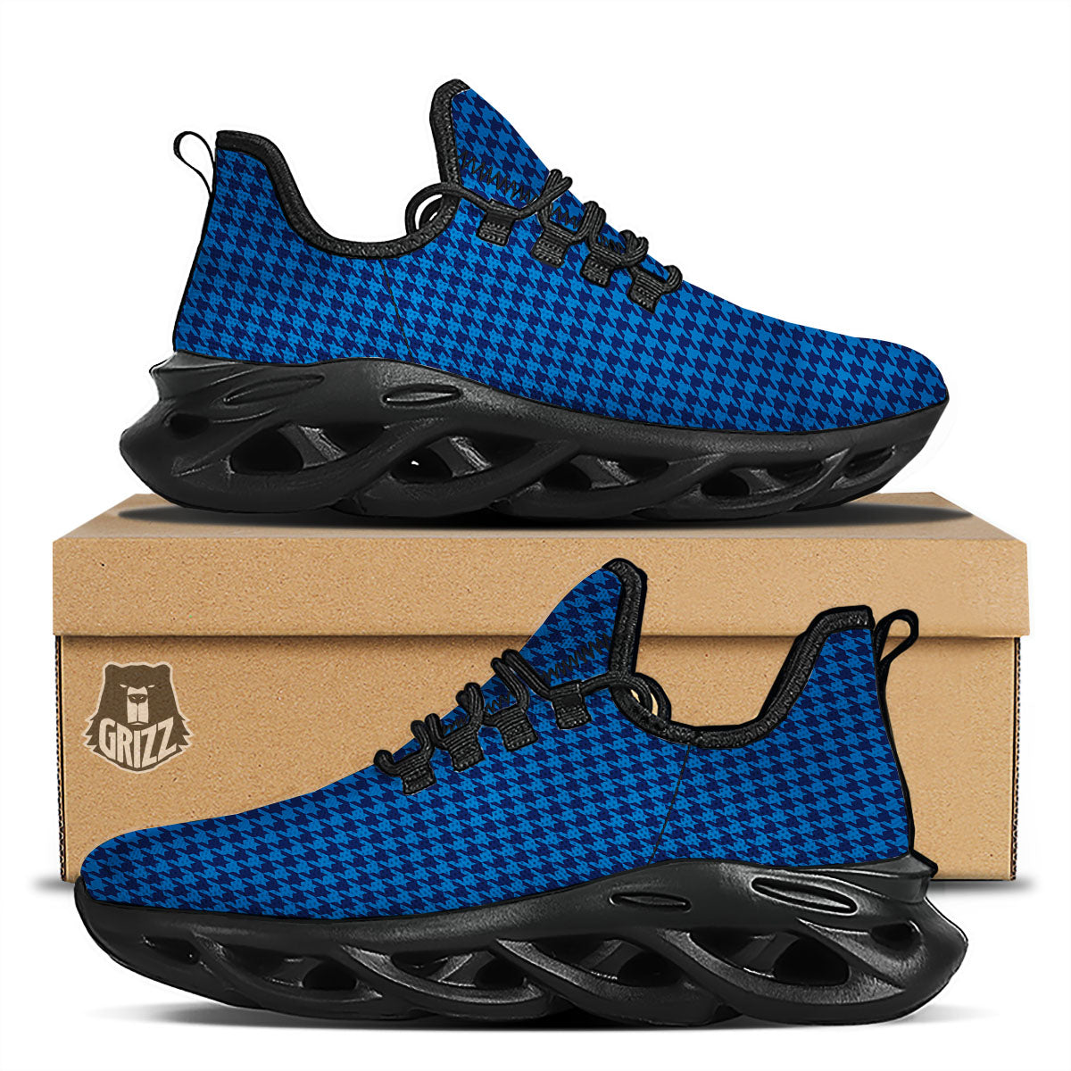 Houndstooth Deep Blue Print Pattern Black Running Shoes-grizzshop