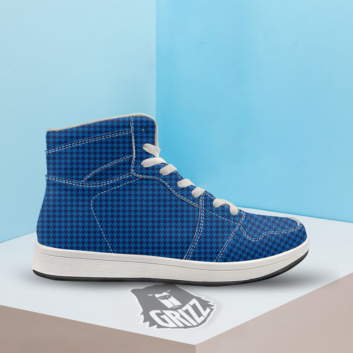 Houndstooth Deep Blue Print Pattern High Top Sneakers-grizzshop