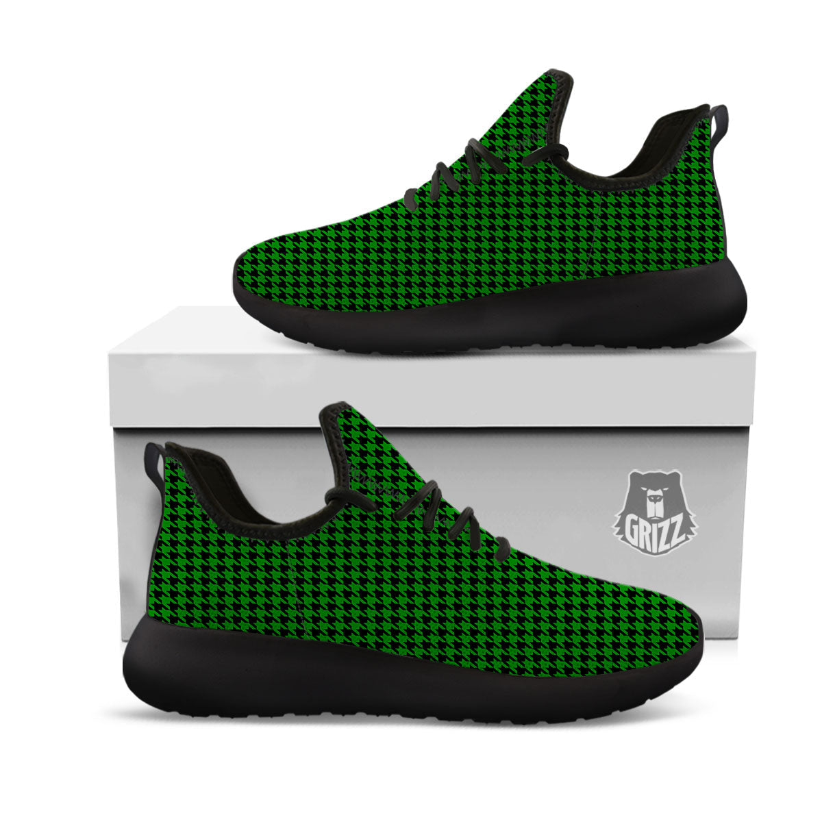 Houndstooth Deep Green Print Pattern Black Athletic Shoes-grizzshop