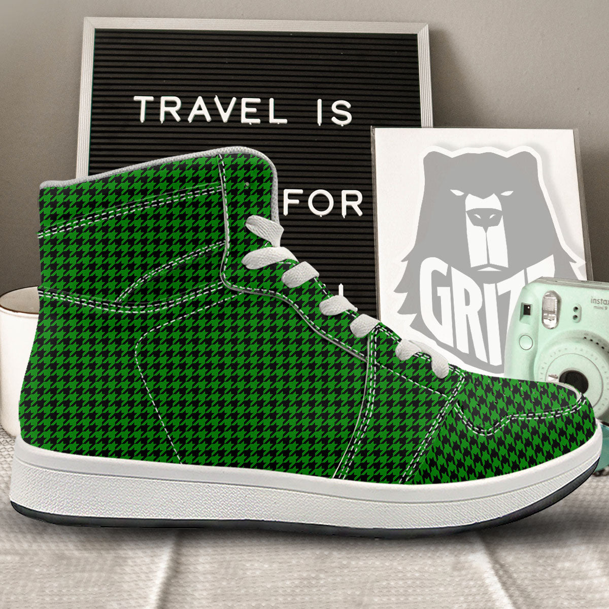 Houndstooth Deep Green Print Pattern High Top Sneakers-grizzshop