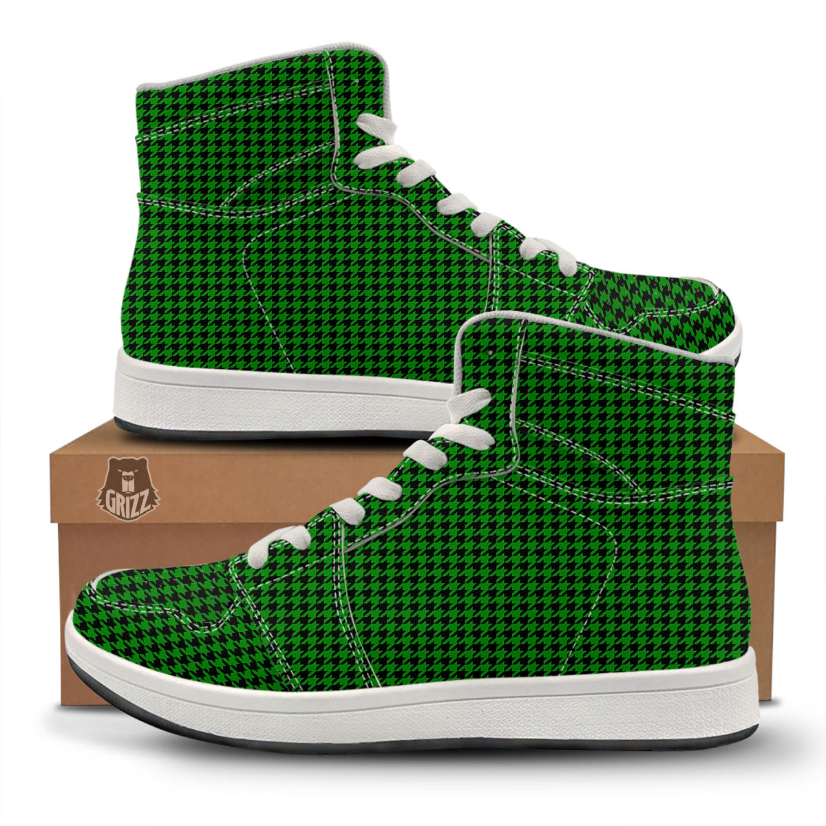 Houndstooth Deep Green Print Pattern High Top Sneakers-grizzshop