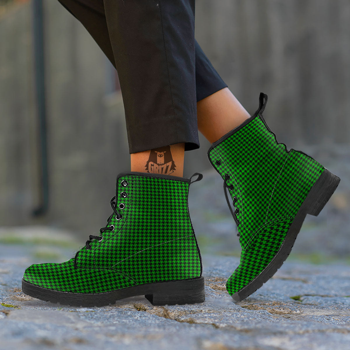 Houndstooth Deep Green Print Pattern Leather Boots-grizzshop
