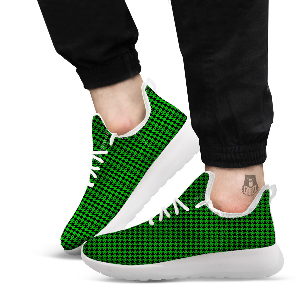Houndstooth Deep Green Print Pattern White Athletic Shoes-grizzshop