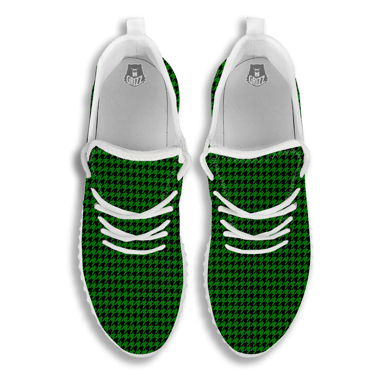 Houndstooth Deep Green Print Pattern White Walking Shoes-grizzshop