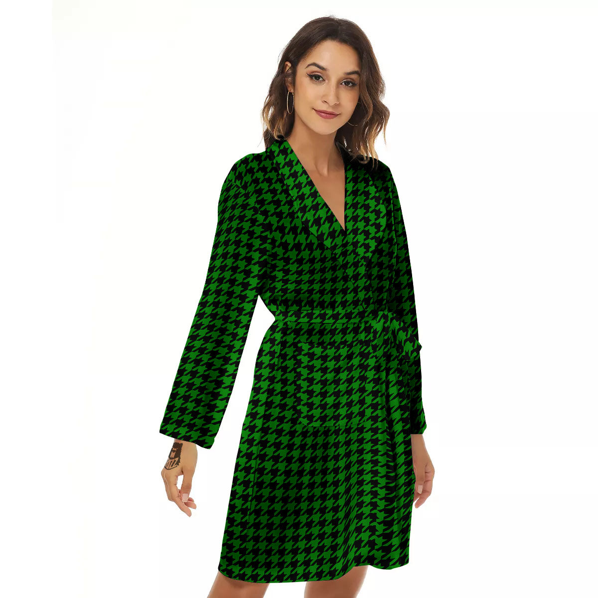 Houndstooth Deep Green Print Pattern Women's Robe-grizzshop