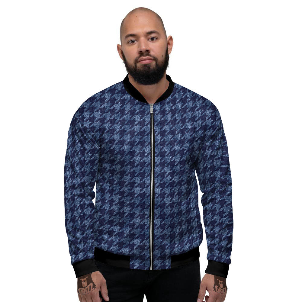 Houndstooth Denim Print Pattern Men's Bomber Jacket-grizzshop