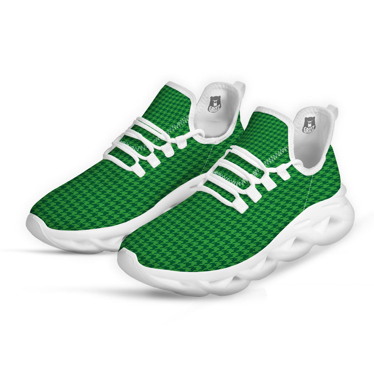 Houndstooth Green Print Pattern White Running Shoes-grizzshop