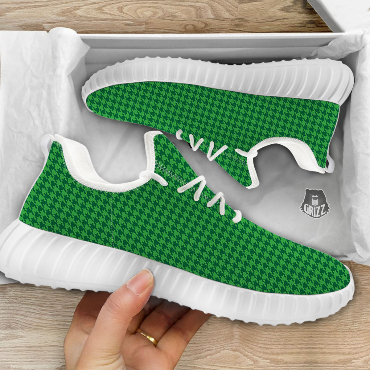 Houndstooth Green Print Pattern White Walking Shoes-grizzshop