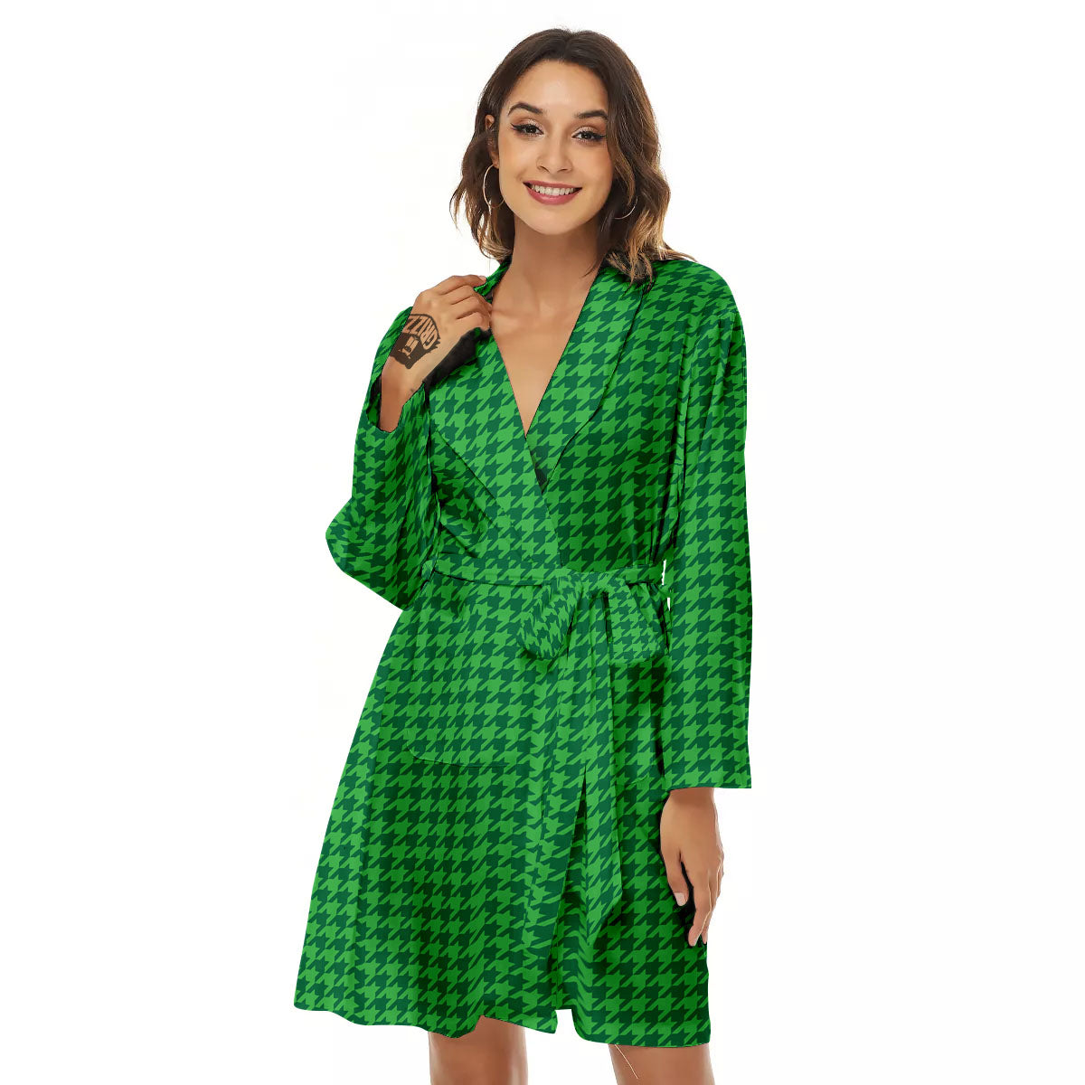 Houndstooth Green Print Pattern Women's Robe-grizzshop