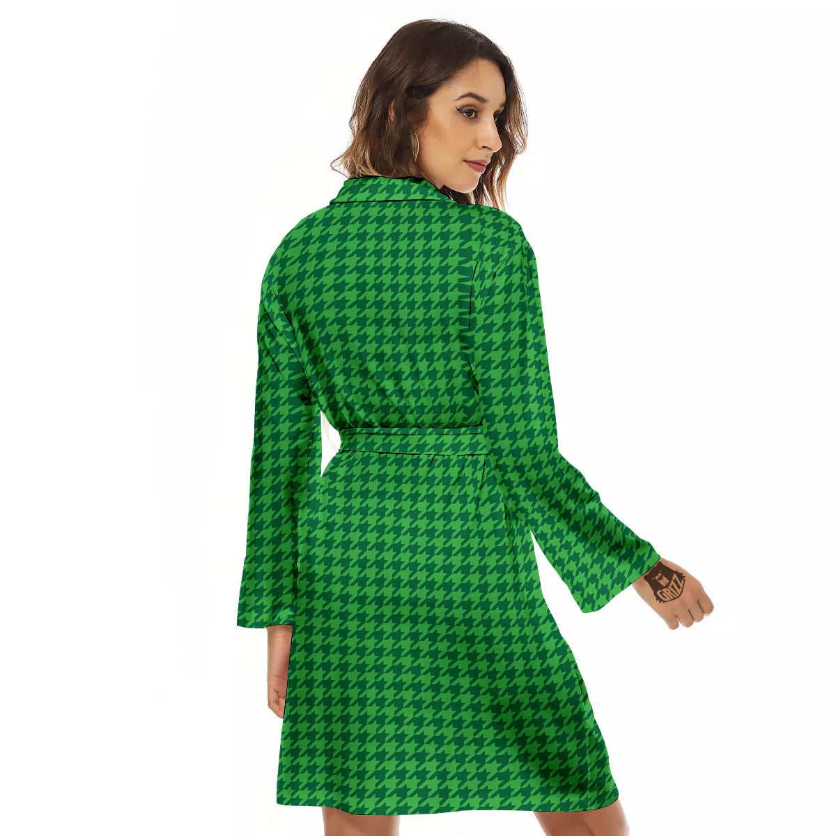 Houndstooth Green Print Pattern Women's Robe-grizzshop