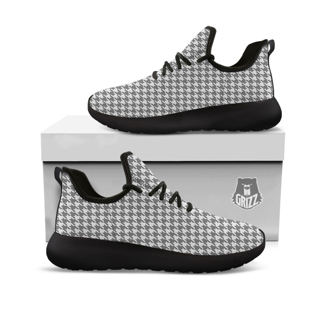 Houndstooth Grey Print Pattern Black Athletic Shoes-grizzshop