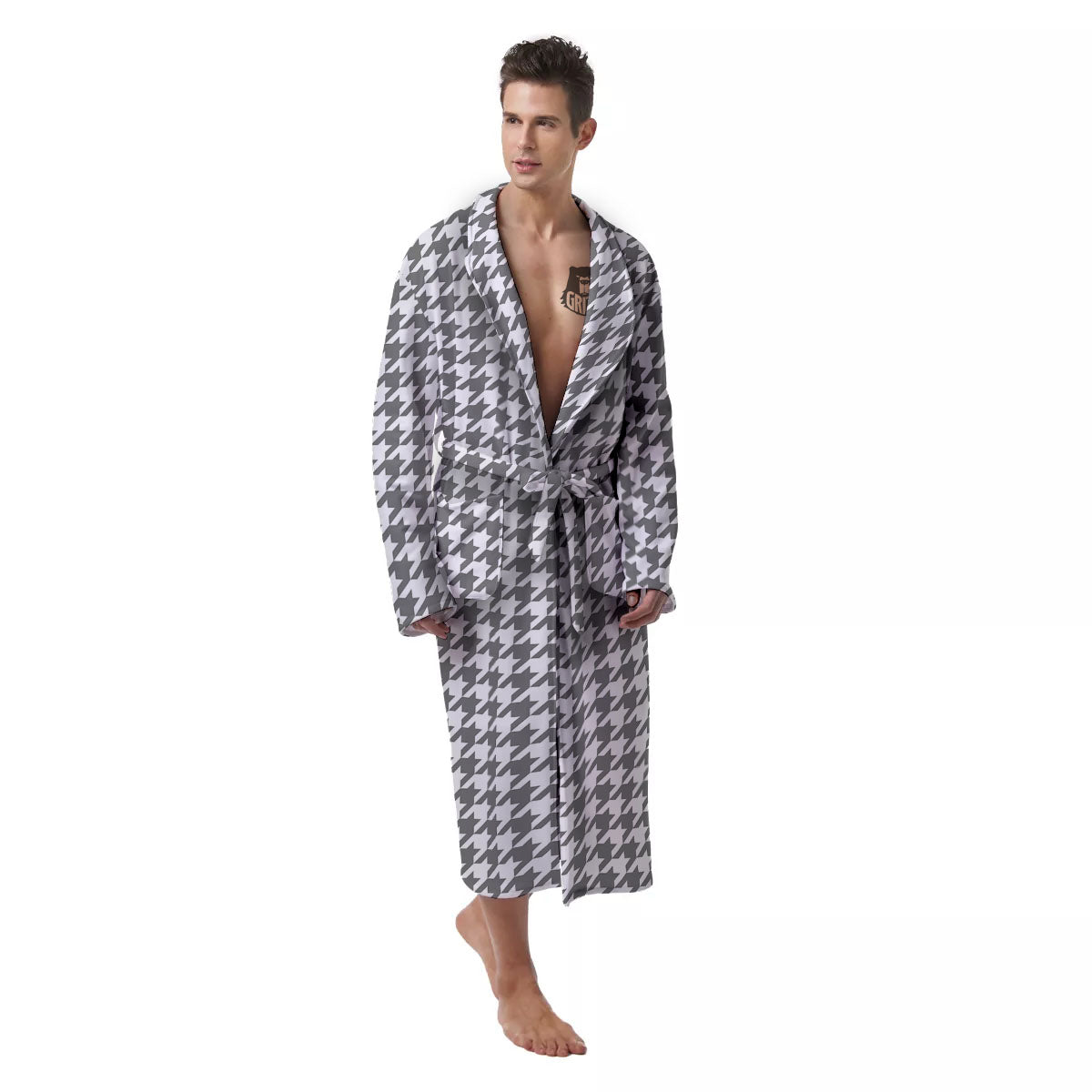 Houndstooth Grey Print Pattern Men's Robe-grizzshop