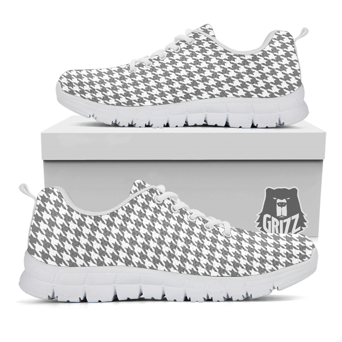 Houndstooth Grey Print Pattern White Sneaker-grizzshop