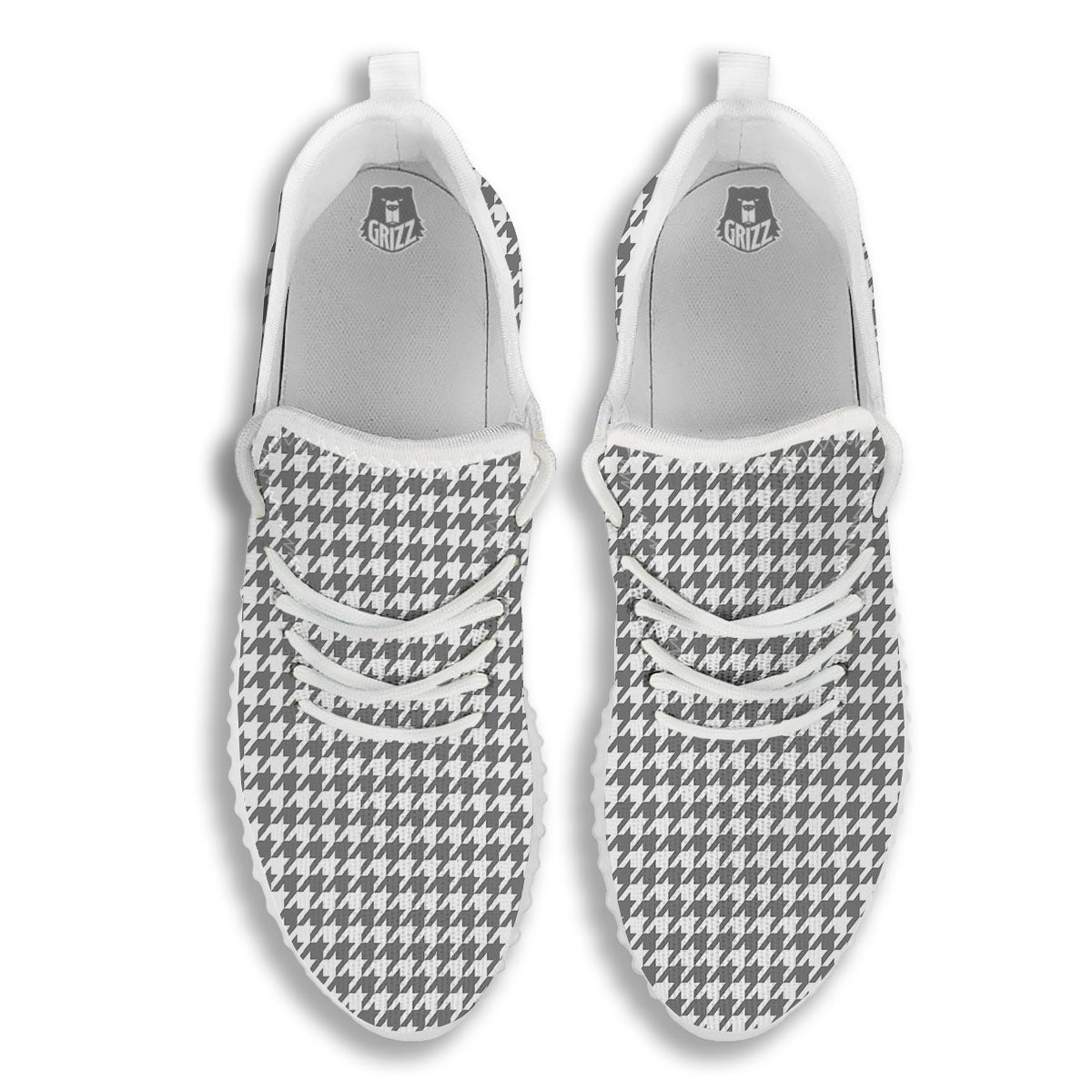 Houndstooth Grey Print Pattern White Walking Shoes-grizzshop