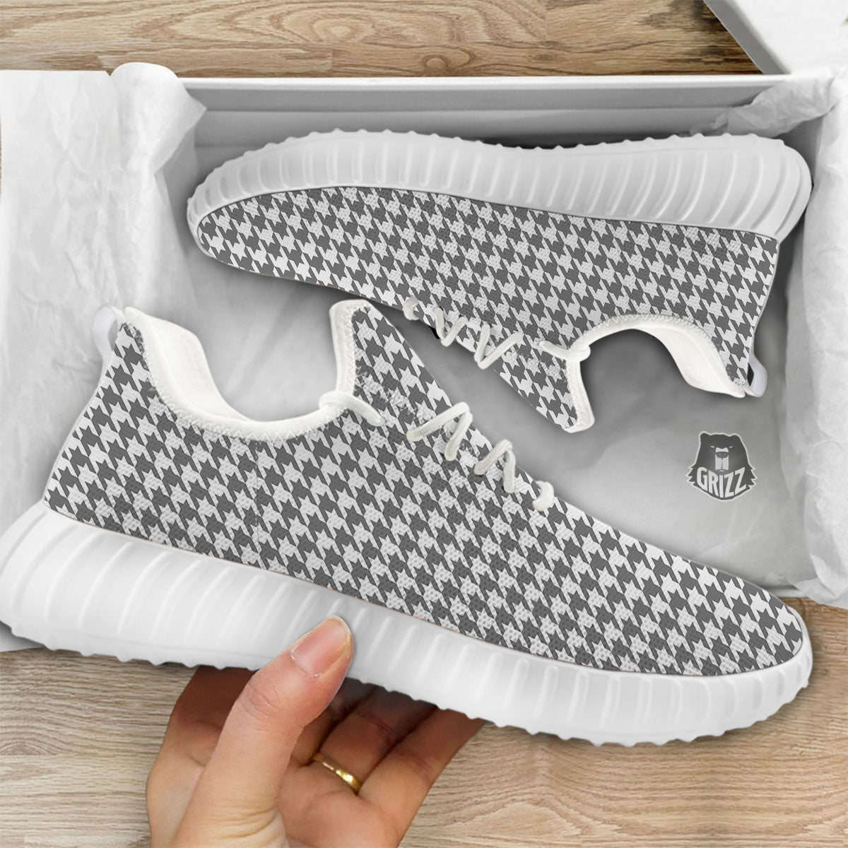 Houndstooth Grey Print Pattern White Walking Shoes-grizzshop