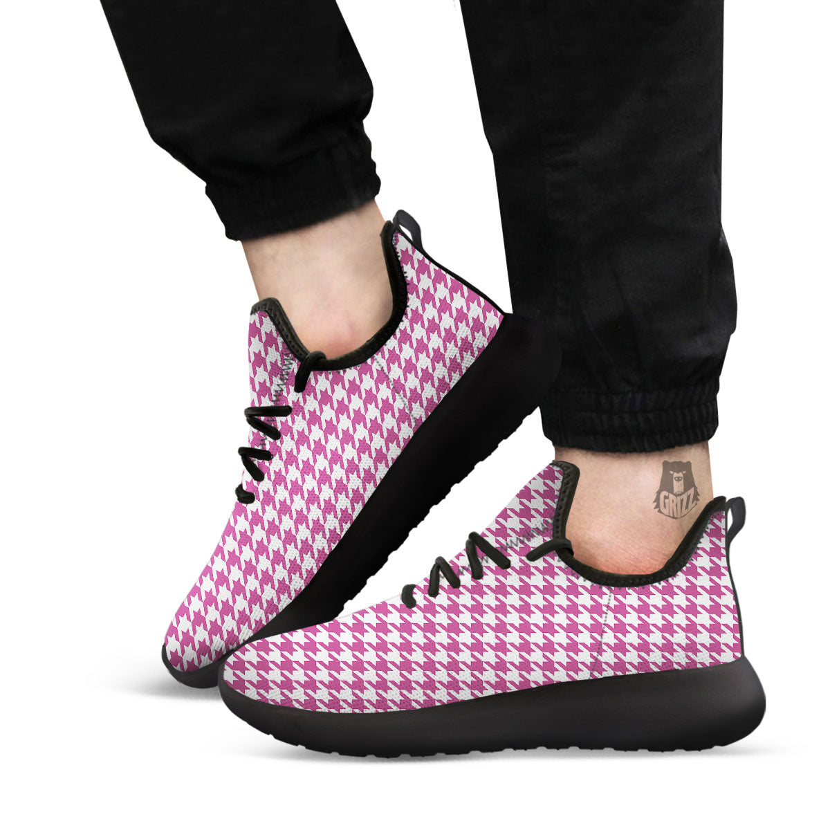 Houndstooth Pink Print Pattern Black Athletic Shoes-grizzshop