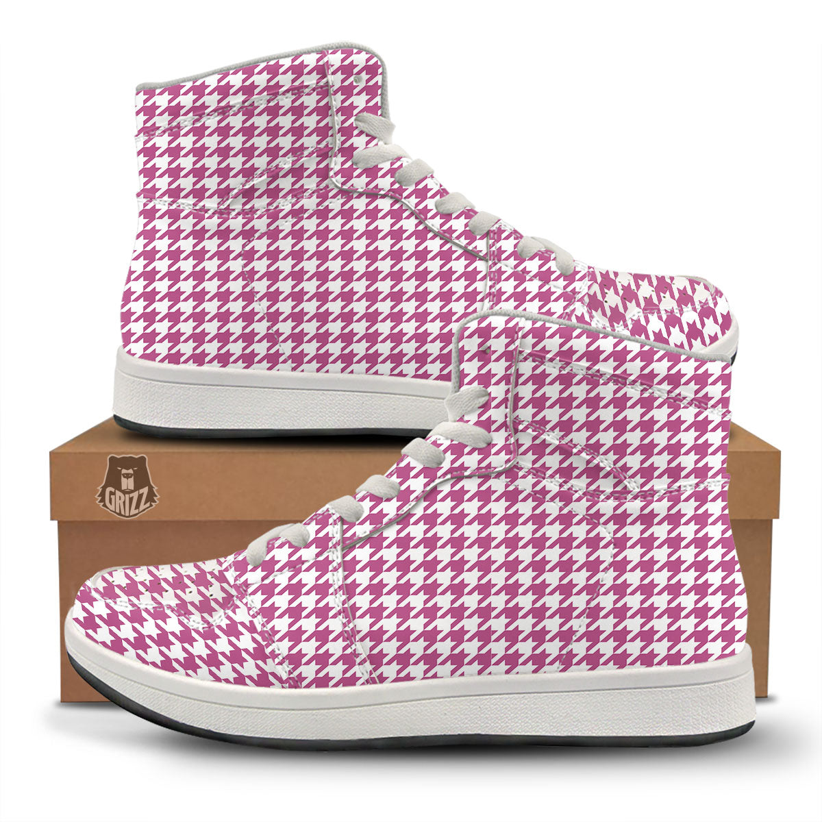 Houndstooth Pink Print Pattern High Top Sneakers-grizzshop