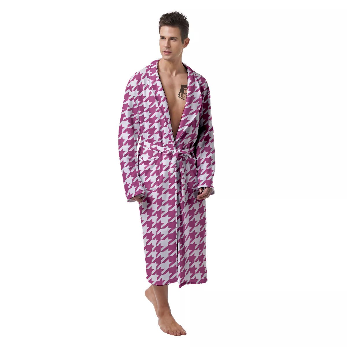 Houndstooth Pink Print Pattern Men's Robe-grizzshop