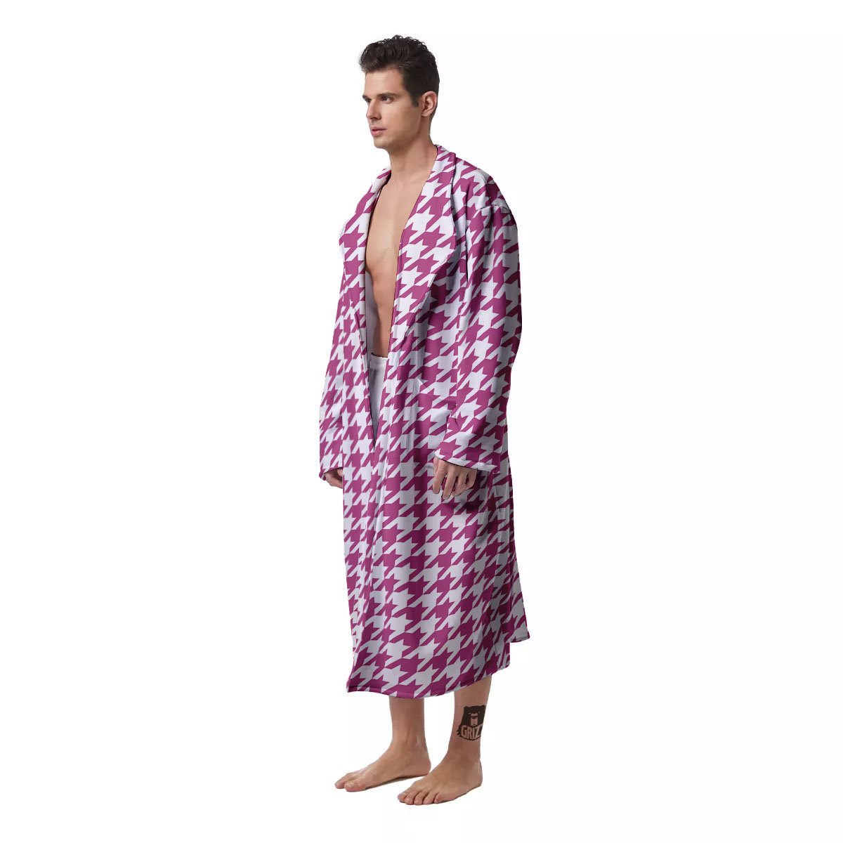 Houndstooth Pink Print Pattern Men's Robe-grizzshop