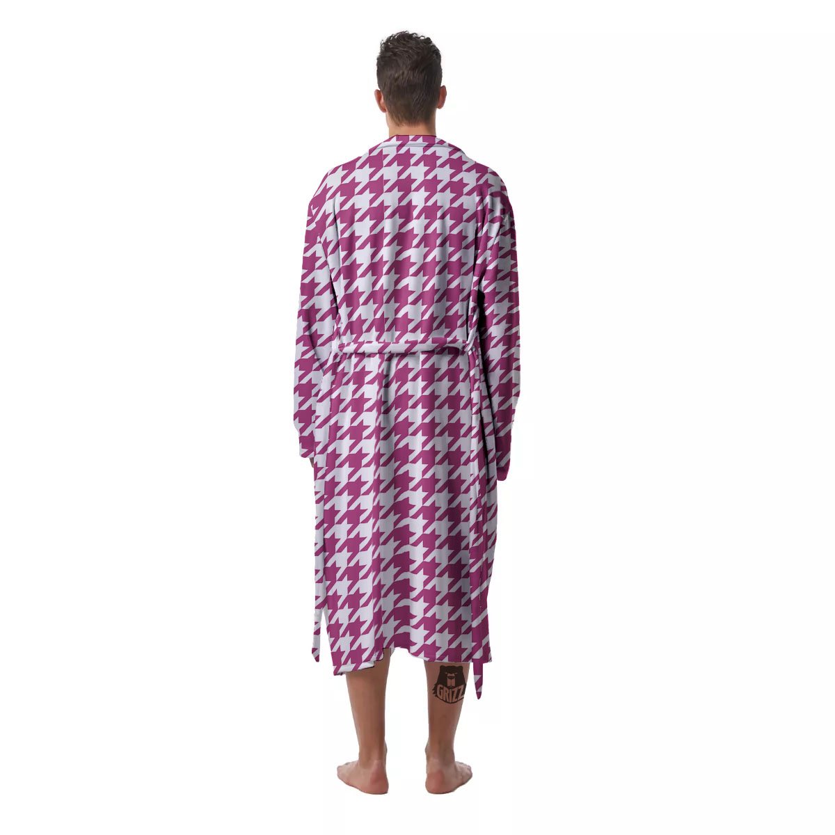 Houndstooth Pink Print Pattern Men's Robe-grizzshop