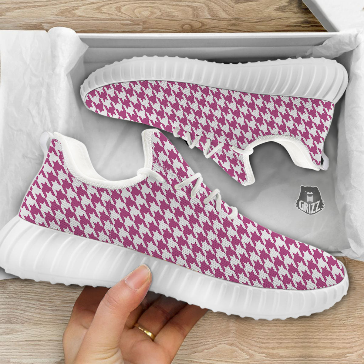 Houndstooth Pink Print Pattern White Walking Shoes-grizzshop