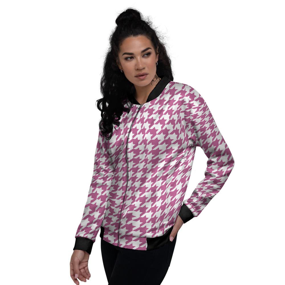 Houndstooth Pink Print Pattern Women's Bomber Jacket-grizzshop
