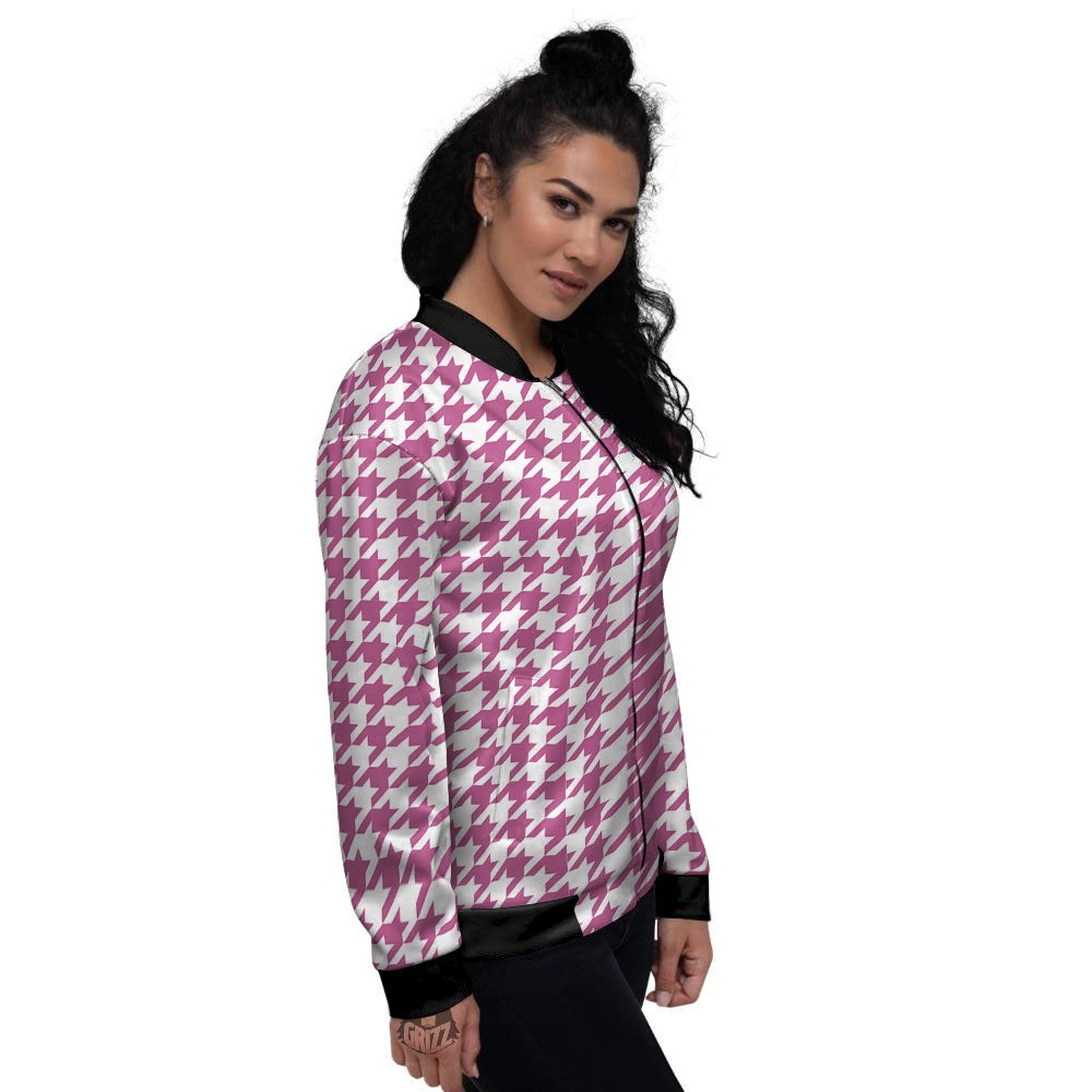 Houndstooth Pink Print Pattern Women's Bomber Jacket-grizzshop