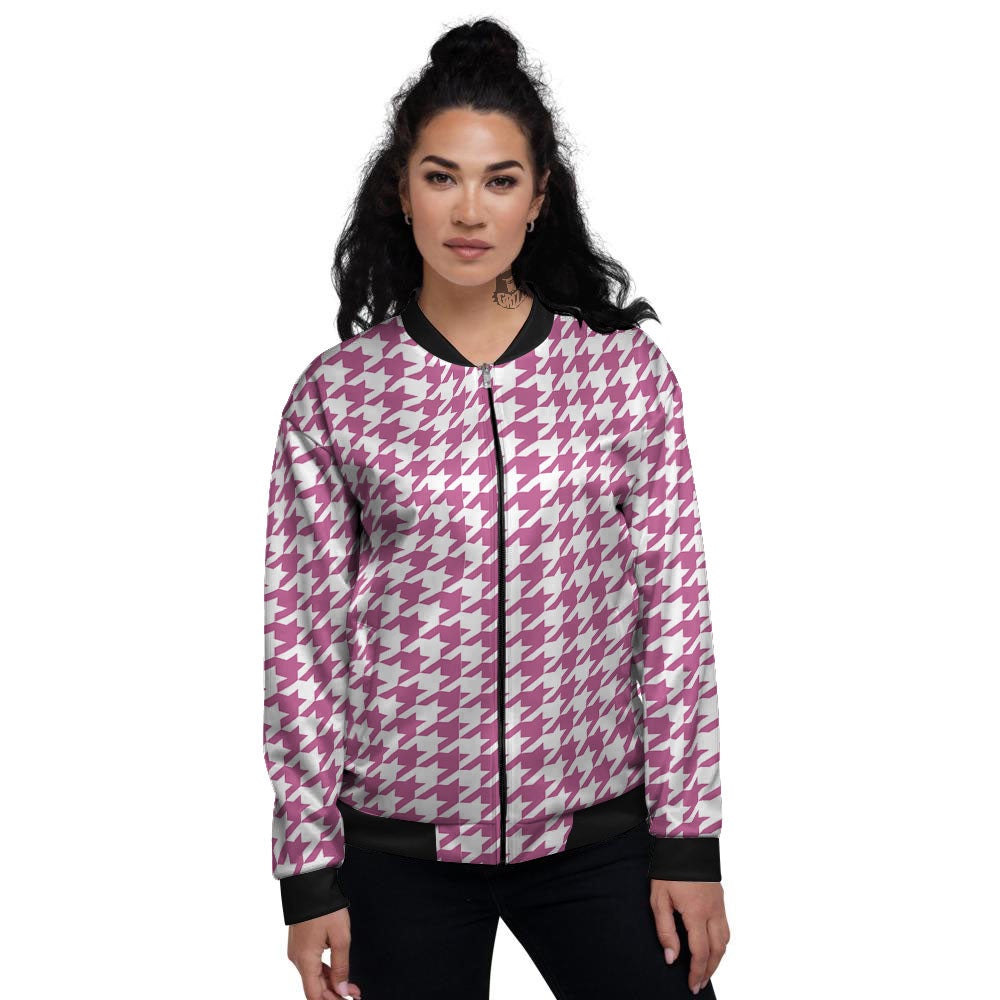 Houndstooth Pink Print Pattern Women's Bomber Jacket-grizzshop