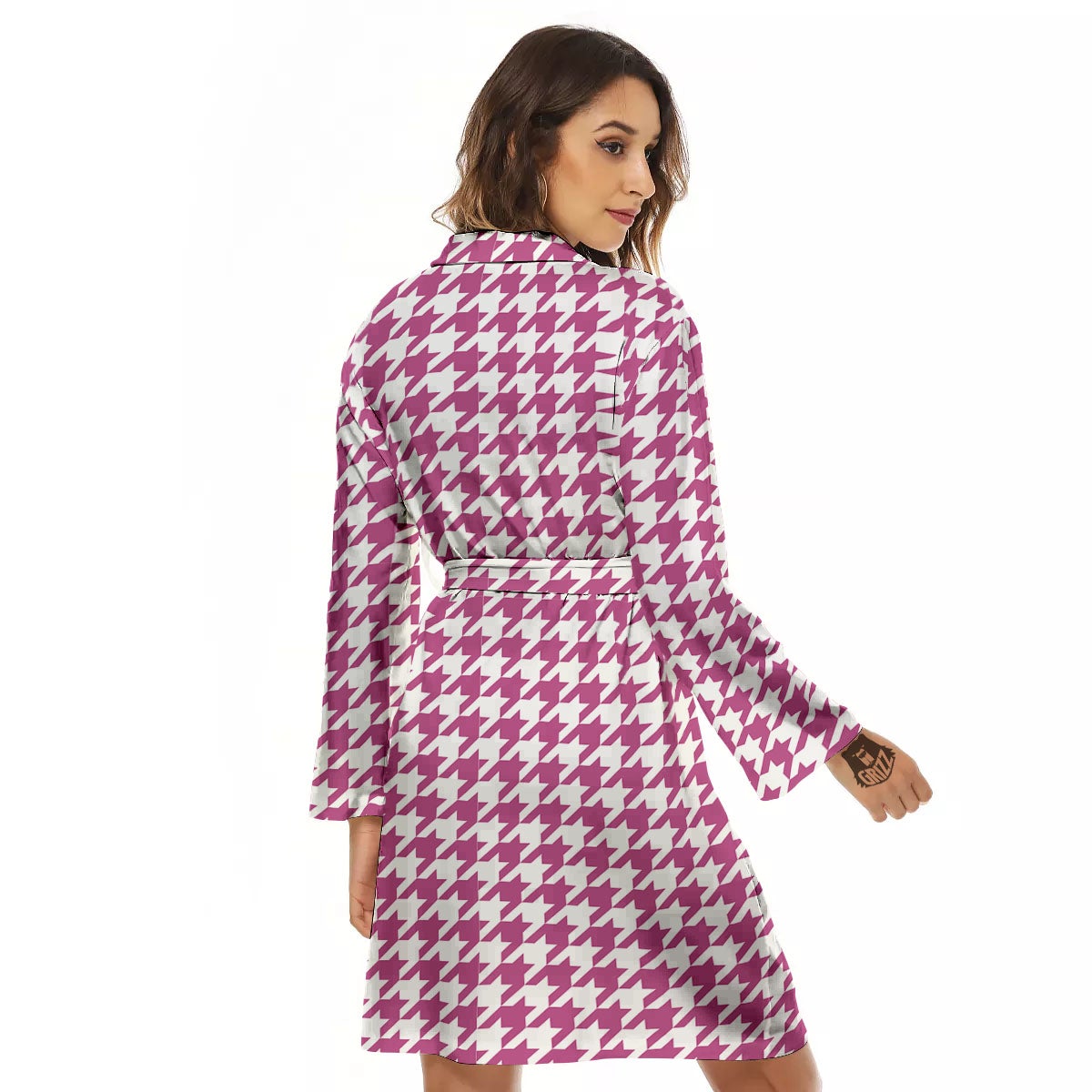 Houndstooth Pink Print Pattern Women's Robe-grizzshop
