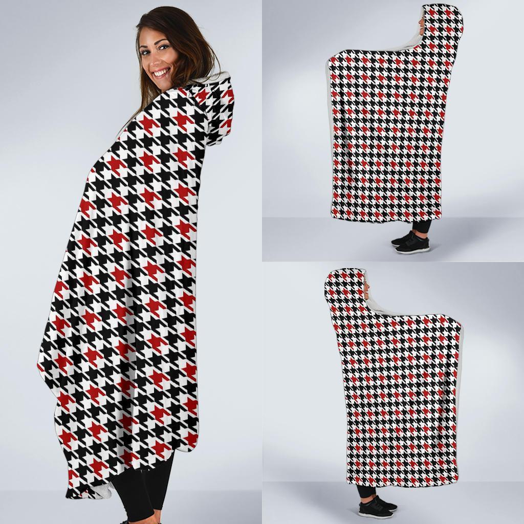 Houndstooth Print Pattern Hooded Blanket-grizzshop